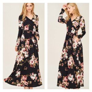 Black Floral Maxi Dress with Pockets